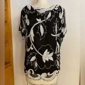 Black White Floral Beaded Sequined Formal Blouse Silk Lining 80s Scalloped Hem